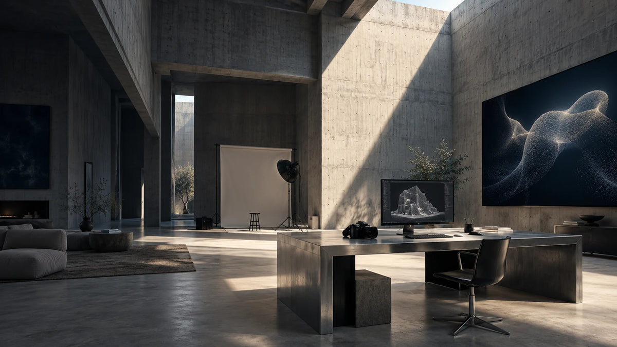 AI-concept van een brutalistisch atelier met een camera, digitale werkplek en natuurlijk licht.